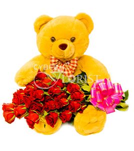 red roses with teddy bear. Omsk